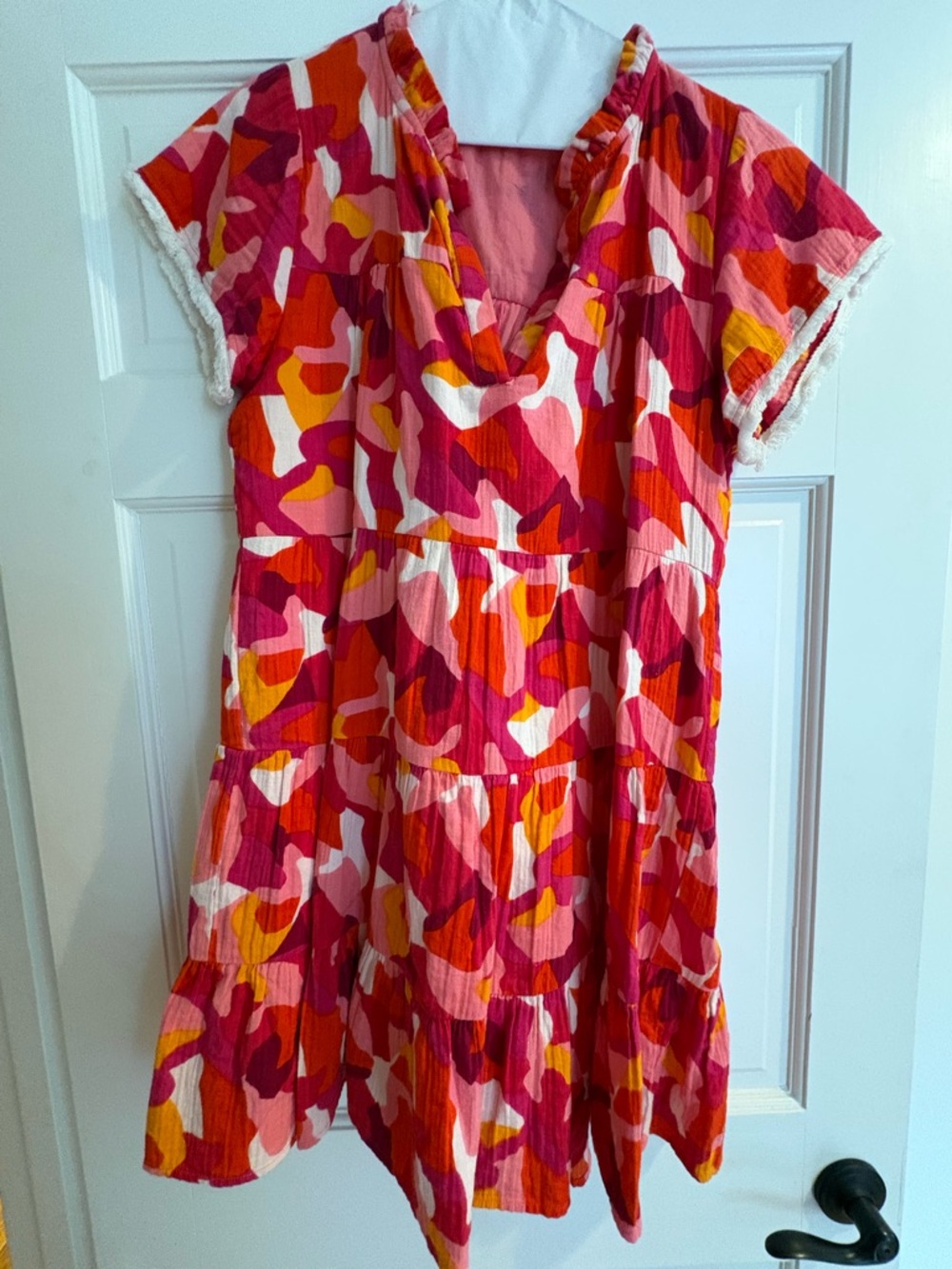 THML Pink, Orange & White Abstract Tiered Mini Dress